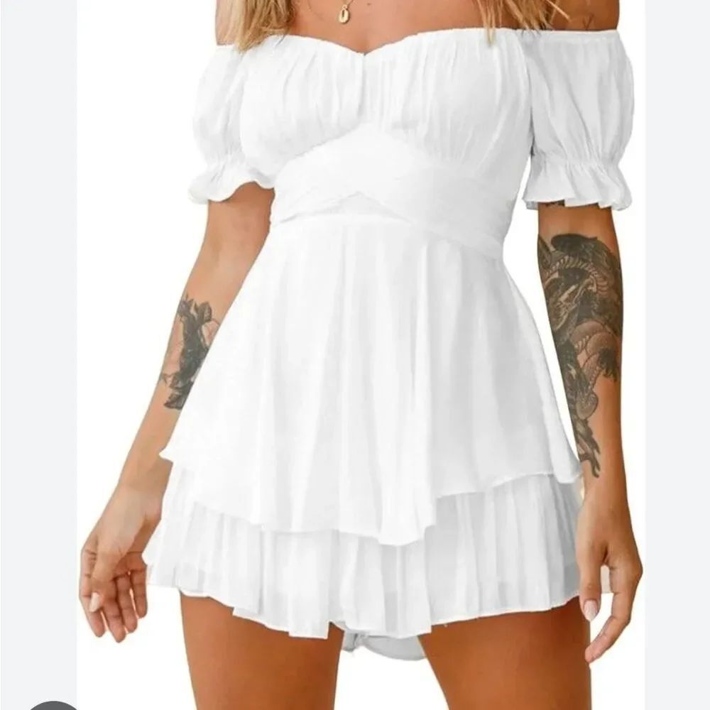 Angel Biba Off Shoulder Short Sleeved Tiered Romper With Ties